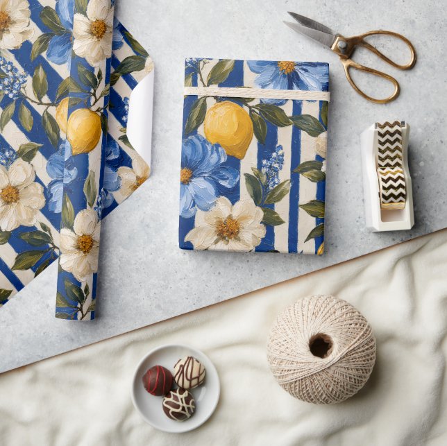 Papier Cadeau Bleu Floral Rayure Élégante Lemon  (Artisanat)