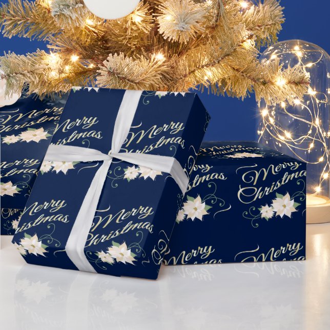 Papier Cadeau Bleu foncé Élégant Joyeux Noël Blanc Poinsettia (Vacances)