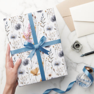 Papier Cadeau Bleu Gris Beige Marron Blanc Boho Fleurs Anniversa