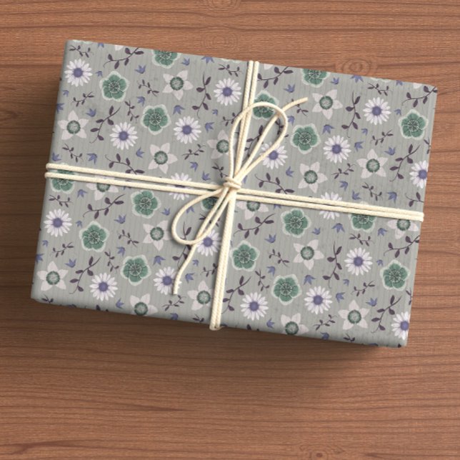 Papier Cadeau Bleu gris et vert Fleur sauvage moderne Botanique (Créateur téléchargé)