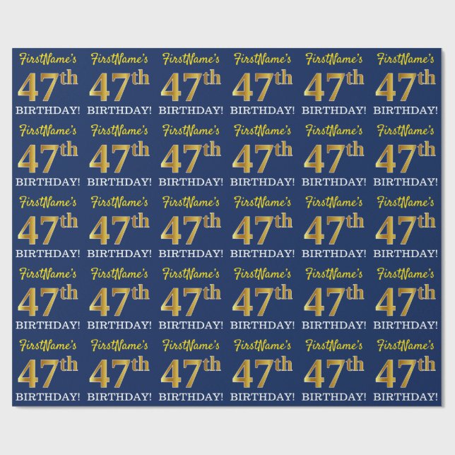 Papier Cadeau Bleu, imitation de l'aspect or "47e ANNIVERSAIRE" (Plat)