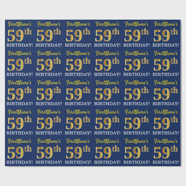 Papier Cadeau Bleu, imitation de l'aspect or "59e ANNIVERSAIRE" (Plat)