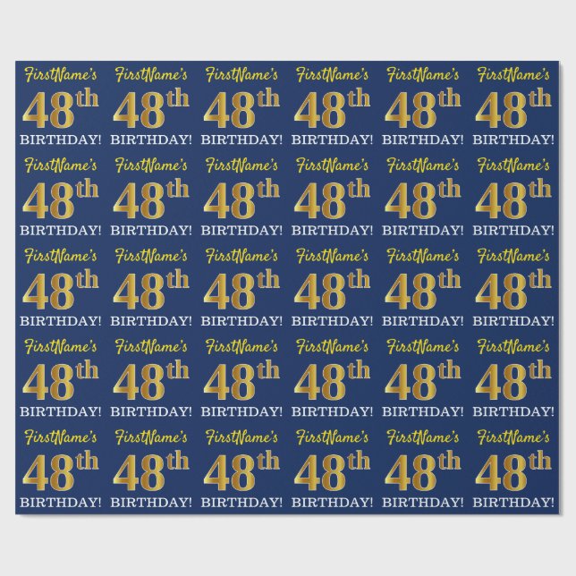 Papier Cadeau Bleu, imitation de l'or "48e ANNIVERSAIRE" (Plat)