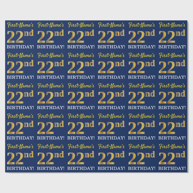 Papier Cadeau Bleu, Imitation Gold Look "22e anniversaire" (Plat)