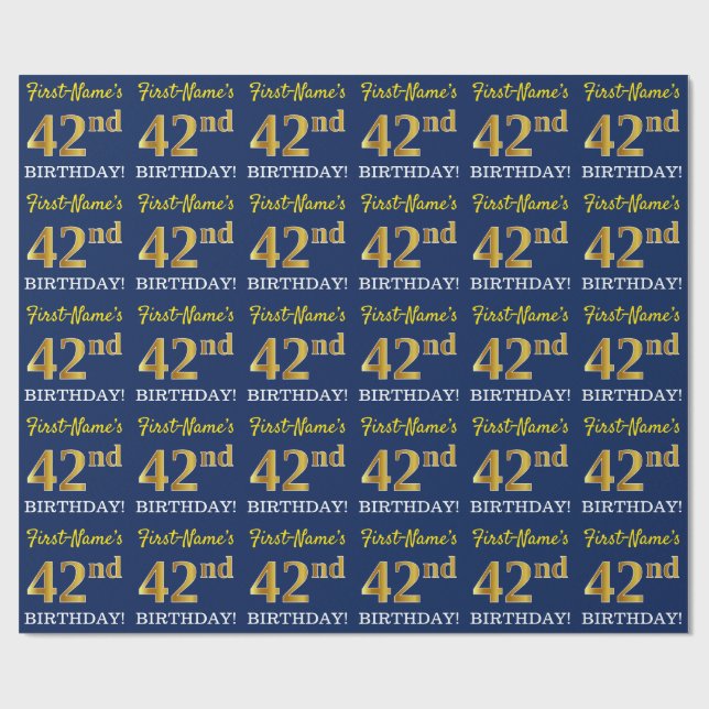 Papier Cadeau Bleu, Imitation Gold Look "42e anniversaire" (Plat)
