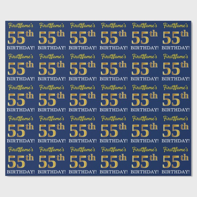 Papier Cadeau Bleu, Imitation Gold Look "55e anniversaire" (Plat)
