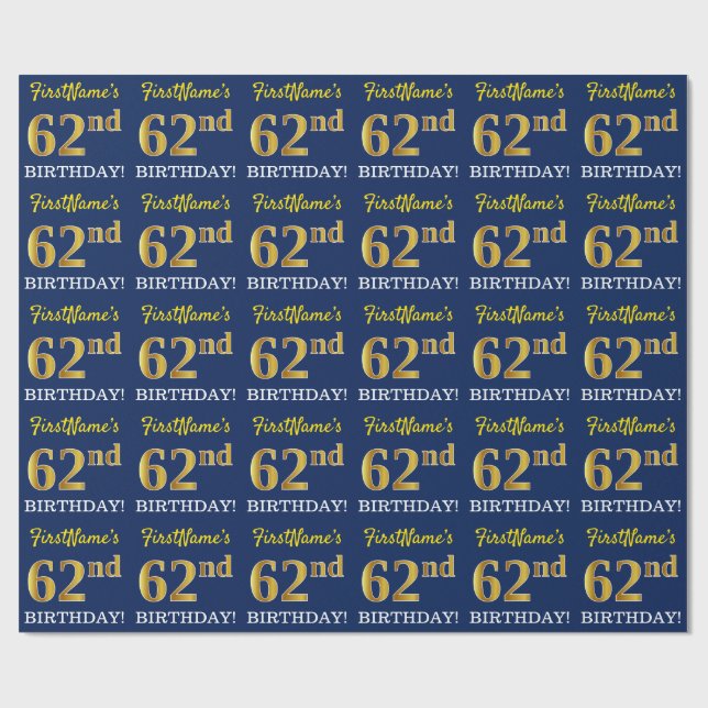Papier Cadeau Bleu, Imitation Gold Look "62e anniversaire" (Plat)