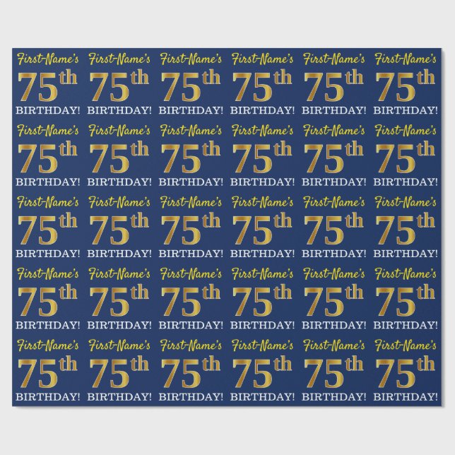 Papier Cadeau Bleu, Imitation Gold Look "75ème anniversaire" (Plat)