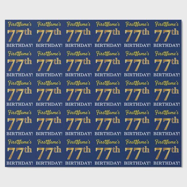 Papier Cadeau Bleu, Imitation Gold Look "77th BIRTHDAY" (Plat)
