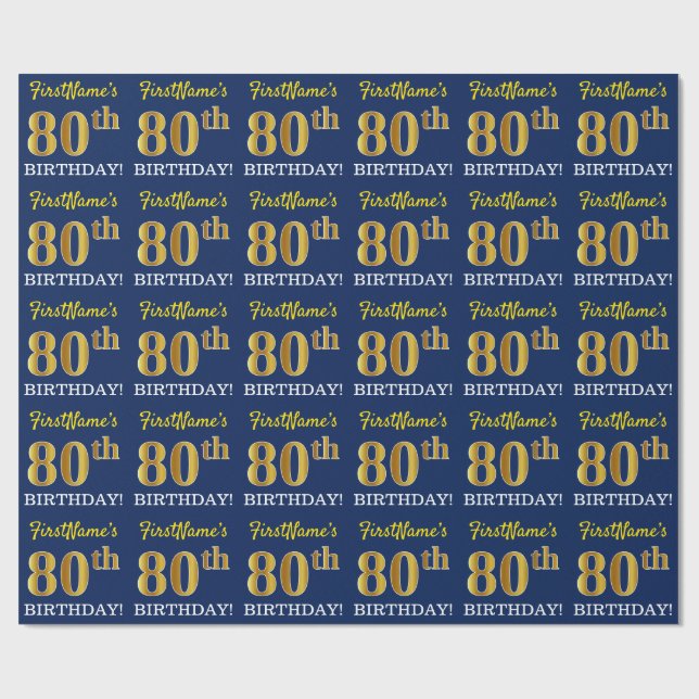 Papier Cadeau Bleu, Imitation Gold Look "80e anniversaire" (Plat)
