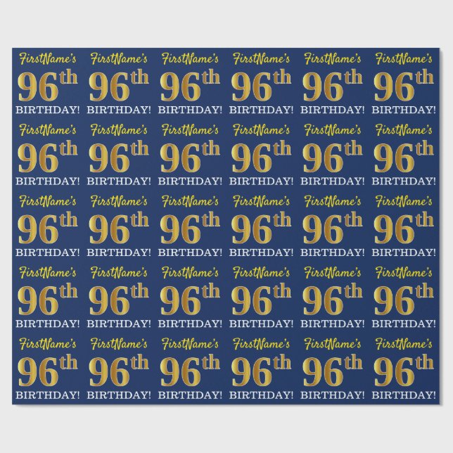 Papier Cadeau Bleu, Imitation Gold Look "96ème anniversaire" (Plat)