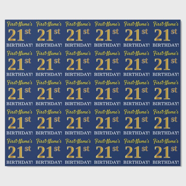 Papier Cadeau Bleu, imitation or "ANNIVERSAIRE 21 ANS" (Plat)