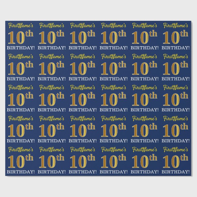Papier Cadeau Bleu, Imitation or Look "10e anniversaire" (Plat)