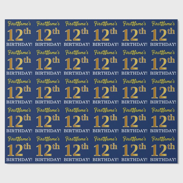 Papier Cadeau Bleu, Imitation or Look "12ème anniversaire" (Plat)