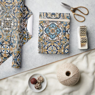 Papier Cadeau Bleu Jaune Blanc Noir Azuleju Espagnol Marocain