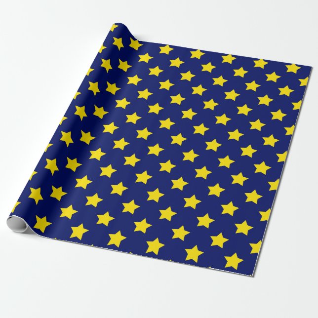 Papier Cadeau Bleu Jaune Etoiles Motif (Déroulé)