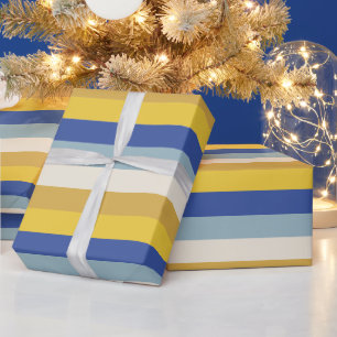 Papier Cadeau Bleu jaune moderne rayures crème Hanoukka
