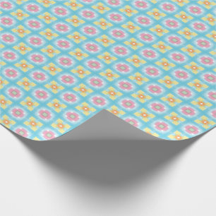 Papier Cadeau Bleu jaune rose 60s les années 70 fleurs à damiers