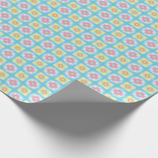 Papier Cadeau Bleu jaune rose 60s les années 70 fleurs à damiers