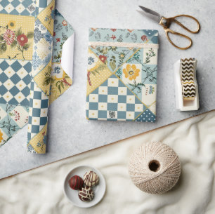 Papier Cadeau Bleu Jaune Vert Patchwork Gingham Cottagecore Flor