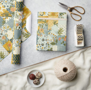 Papier Cadeau Bleu Jaune Vert Patchwork Gingham Cottagecore Flor