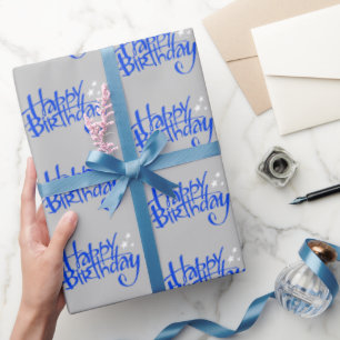 Papier Cadeau Bleu Joyeux Anniversaire sur Grey