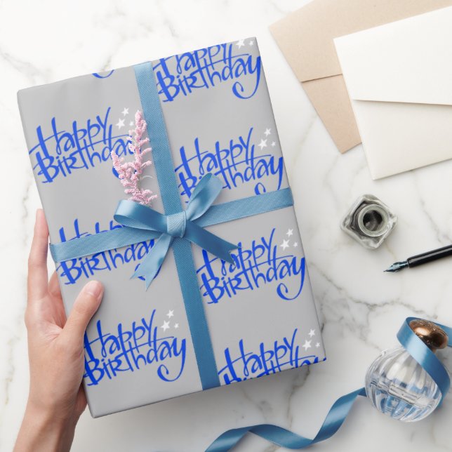 Papier Cadeau Bleu Joyeux Anniversaire sur Grey (Cadeaux)