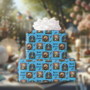 Papier Cadeau Bleu Joyeux lapin de Pâques Élégant verre satiné