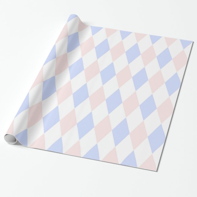 Papier Cadeau Bleu Lt, Rose Lt, Motif Diamant Arlequin (Déroulé)