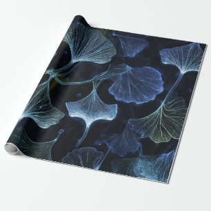 Papier Cadeau Bleu Luminogramme Ginkgo Feuilles