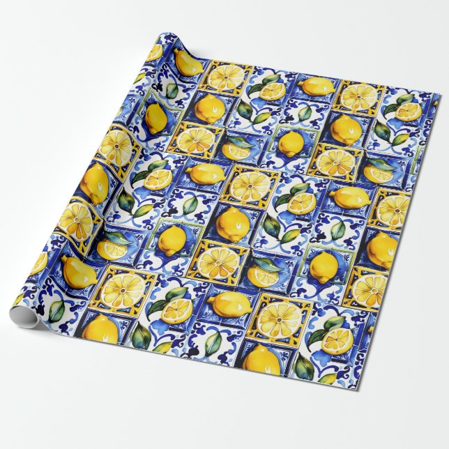 Papier Cadeau Bleu Majolica tuiles citrons méditerranéen (Déroulé)
