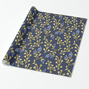 Papier Cadeau Bleu marine Aquarelle Berry Floral