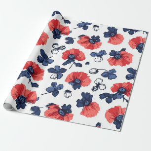 Papier Cadeau Bleu marine & Coquelicot Floral Vintage