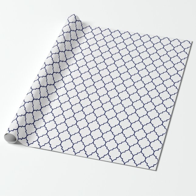 Papier Cadeau Bleu marine de Quatrefoil de Marocain sur le blanc (Déroulé)