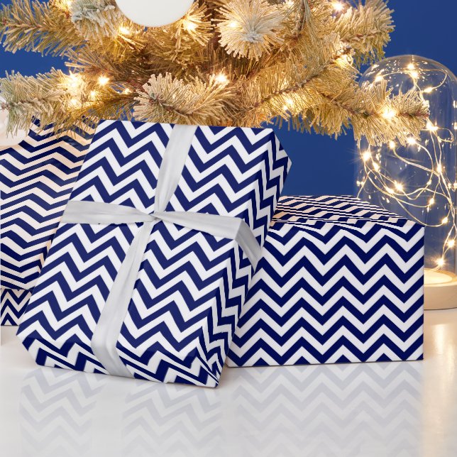 Papier Cadeau Bleu marine et blanc grand motif chevron zigzag (Vacances)