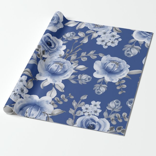 Papier Cadeau Bleu marine et Elégante aquarelle moderne Floral (Déroulé)