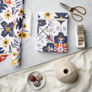 Papier Cadeau Bleu marine et jaune Médaillon folklorique traditi