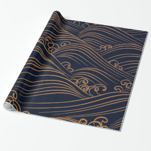 Papier Cadeau Bleu marine japonais de motif de vagues et brun