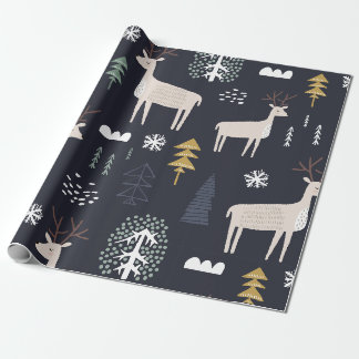 Papier Cadeau Bleu marine motif hivernal scandinave au renne