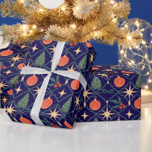 Papier Cadeau Bleu marine ornement rétro vintage Noël