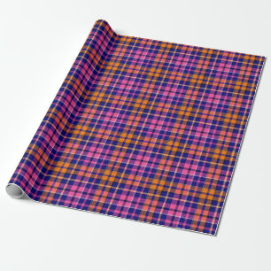 Papier Cadeau Bleu marine rose orange carreaux design tartan