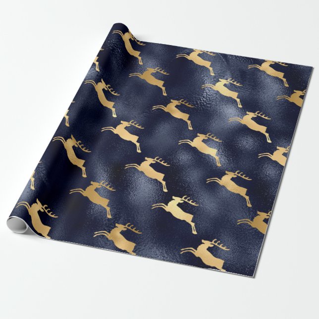 Papier Cadeau Bleu métallique et renne doré (Déroulé)