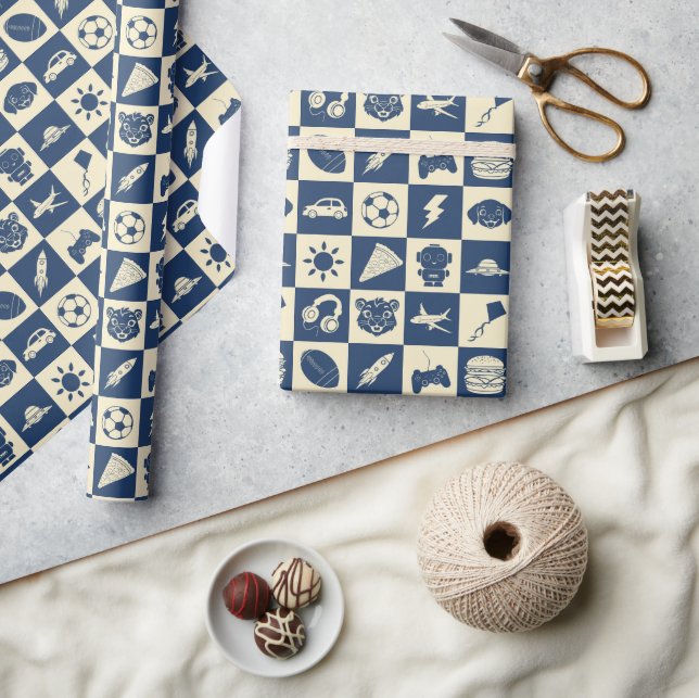 Papier Cadeau Bleu moderne À damiers Icônes Motif Garçon's (Artisanat)