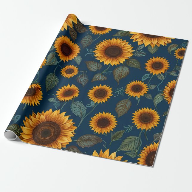 Papier Cadeau Bleu Motif de tournesol mignon (Déroulé)