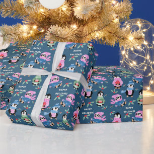 Papier cadeau bleu motif équipage de pingouins de