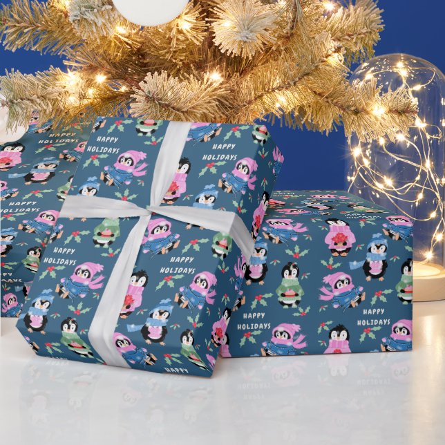 Papier cadeau bleu motif équipage de pingouins de  (Vacances)