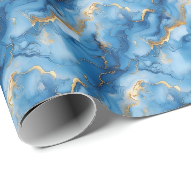 Papier Cadeau Bleu moyen et marbre doré (Coin rond)