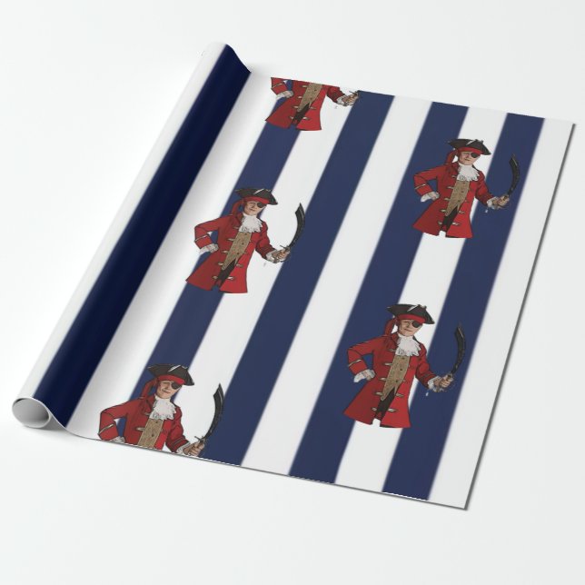 Papier Cadeau Bleu Nautique Stripes Garçon Pirate (Déroulé)
