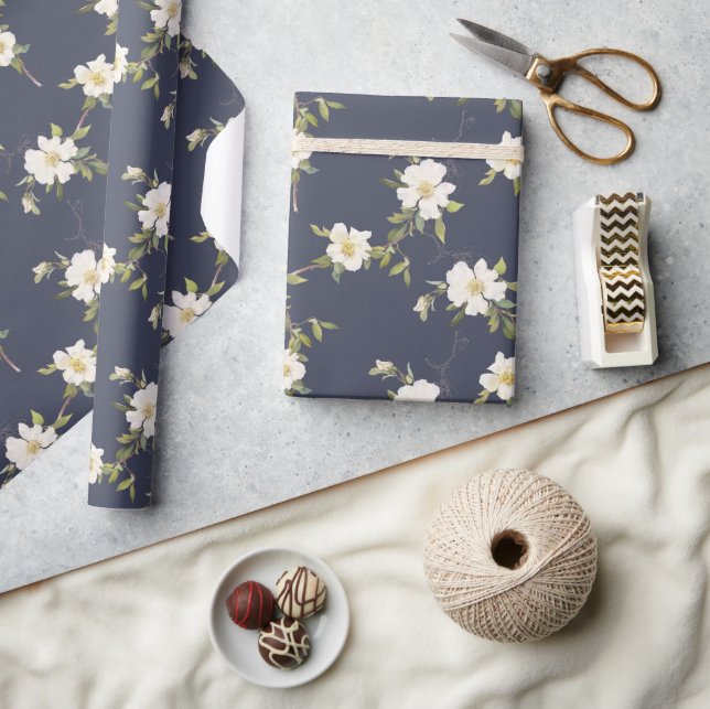 Papier Cadeau Bleu Nuit Blanc Floral (Artisanat)