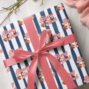 Papier Cadeau Bleu Nuit Blanc Rayures Anniversaire Fraise